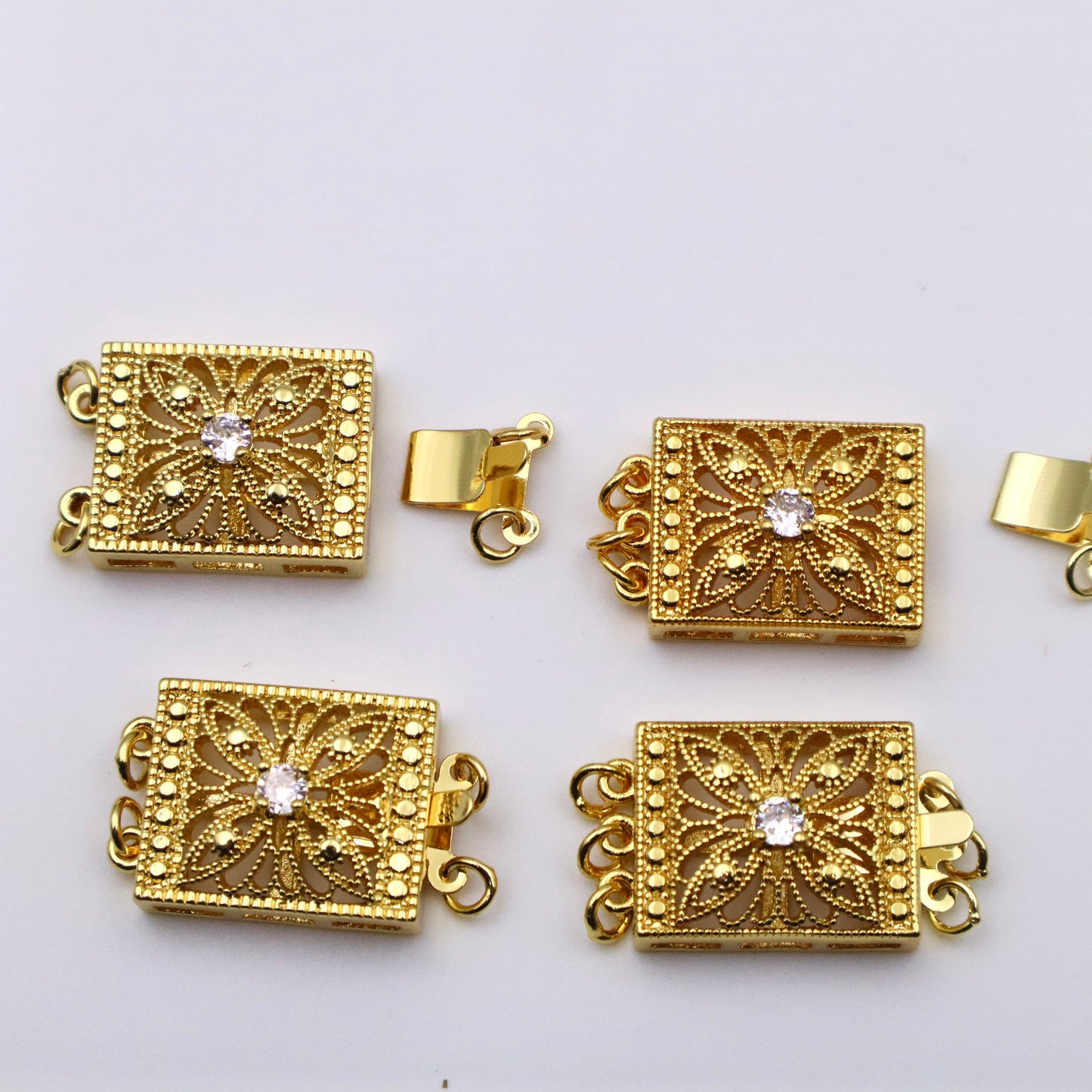 18k Gold Plated Elegant Rectangular Flower Cubic Zirconia 2 Rows Clasp