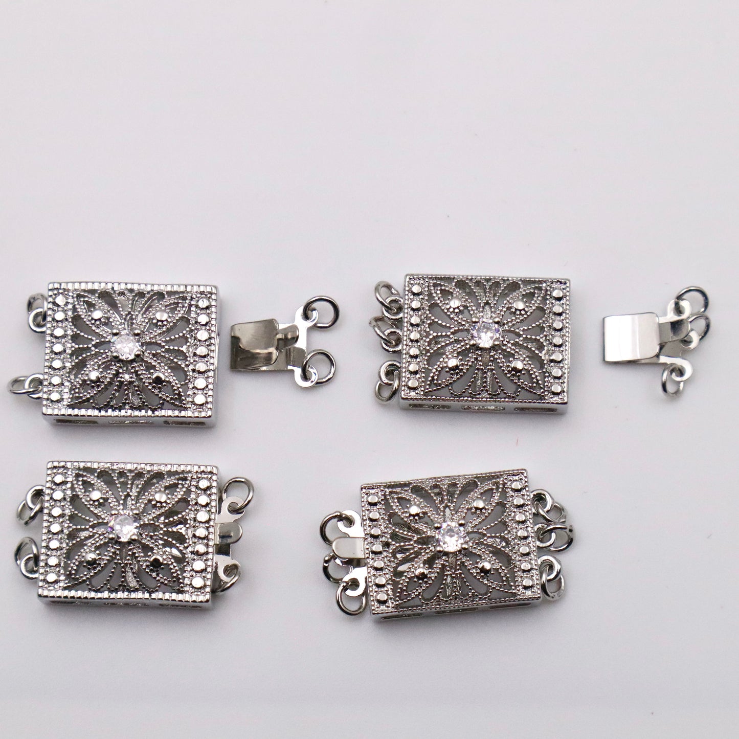 Platinum Plated Elegant Rectangular Flower Cubic Zirconia 3 Rows Clasp