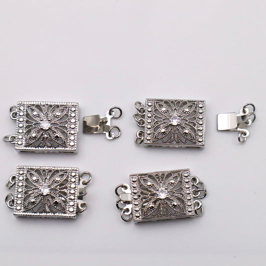 Platinum Plated Elegant Rectangular Flower Cubic Zirconia 3 Rows Clasp