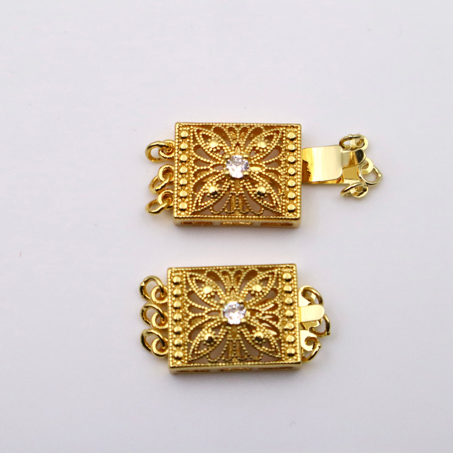 18k Gold Plated Elegant Rectangular Flower Cubic Zirconia 3 Rows Clasp