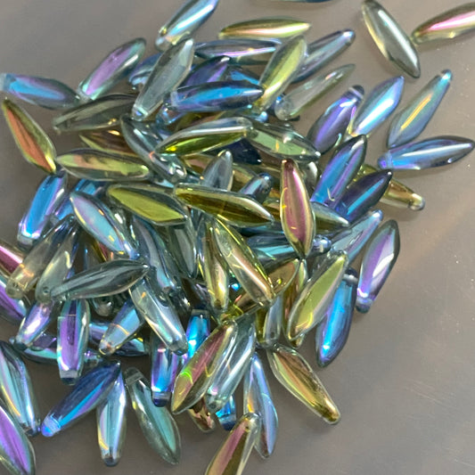 Czech 1 hole 5 x 16mm Glass Daggers Bead Crystal Blue Rainbow